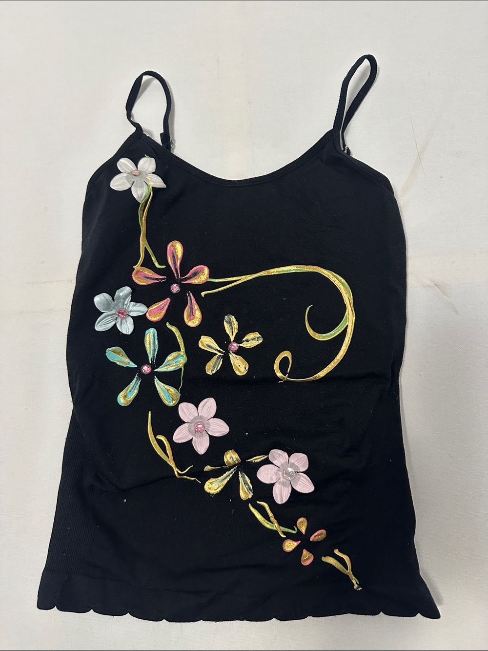 Y2K Black Floral Appliqué Cami Top - Rainbow U.S.A